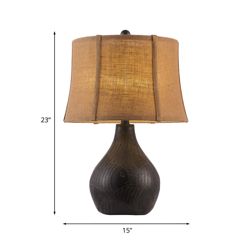 Resin Teardrop Table Light Rustic 1 Bulb Family Room Nightstand Lamp with Flaxen Drum Fabric Shade, 12"/15" Wide Clearhalo 'Lamps' 'Table Lamps' Lighting' 1034253