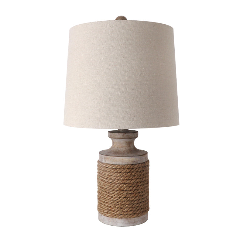 Cylindrical Living Room Table Lamp Lodge Fabric 1 Head White Night Stand Light with Roped Pot Base Clearhalo 'Lamps' 'Table Lamps' Lighting' 1034256