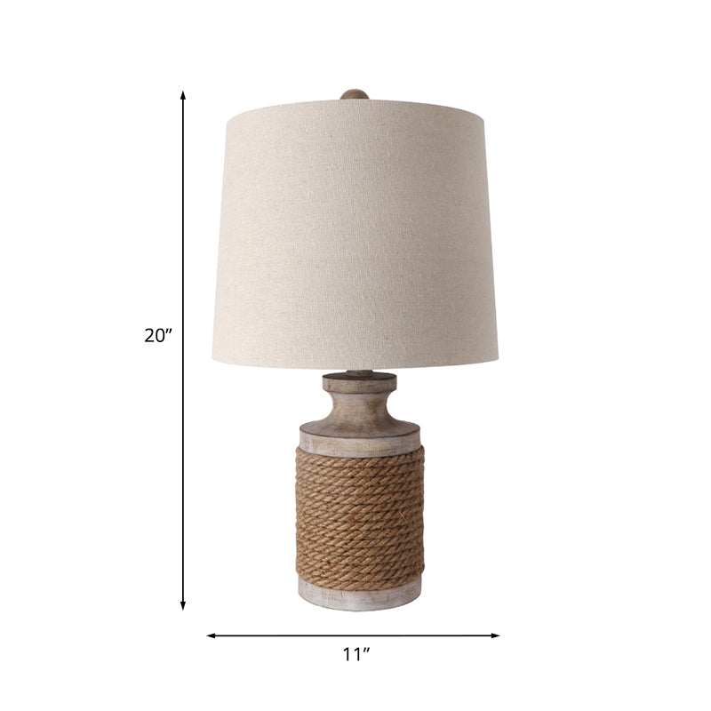 Cylindrical Living Room Table Lamp Lodge Fabric 1 Head White Night Stand Light with Roped Pot Base Clearhalo 'Lamps' 'Table Lamps' Lighting' 1034257