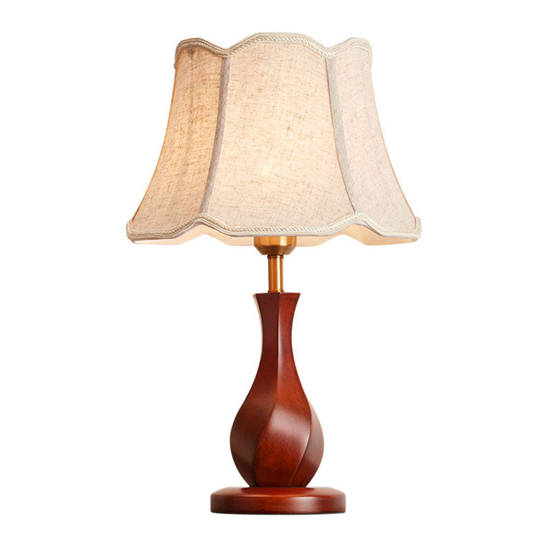 Countryside Flared Night Stand Light 1 Bulb Fabric Table Lamp with Scalloped Trim in Flaxen/Beige Clearhalo 'Lamps' 'Table Lamps' Lighting' 1034276