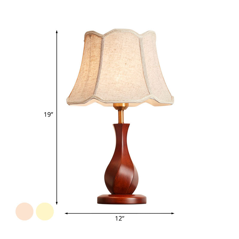 Countryside Flared Night Stand Light 1 Bulb Fabric Table Lamp with Scalloped Trim in Flaxen/Beige Clearhalo 'Lamps' 'Table Lamps' Lighting' 1034277