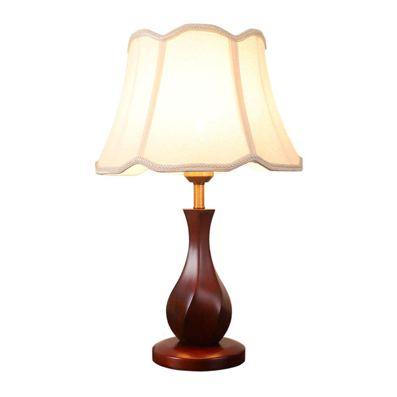 Countryside Flared Night Stand Light 1 Bulb Fabric Table Lamp with Scalloped Trim in Flaxen/Beige Clearhalo 'Lamps' 'Table Lamps' Lighting' 1034281