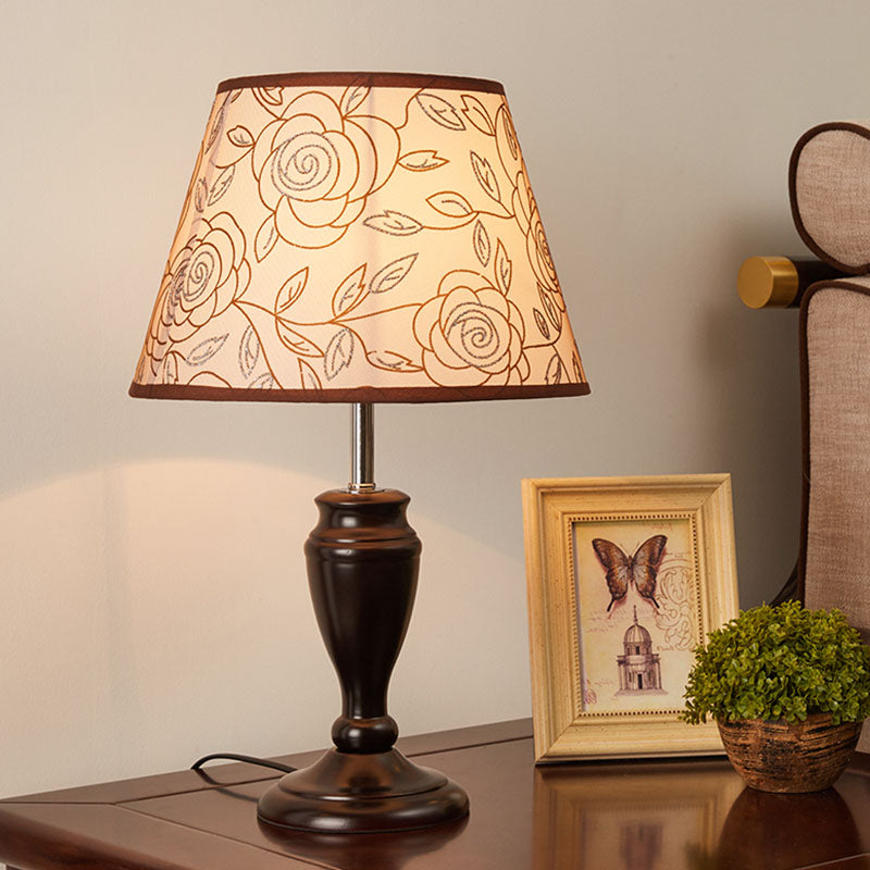 Brown 1 Head Table Light Rural Fabric Tapered Shade Nightstand Lamp with Flower/Slash/Geometric Pattern Brown C Clearhalo 'Lamps' 'Table Lamps' Lighting' 1034286
