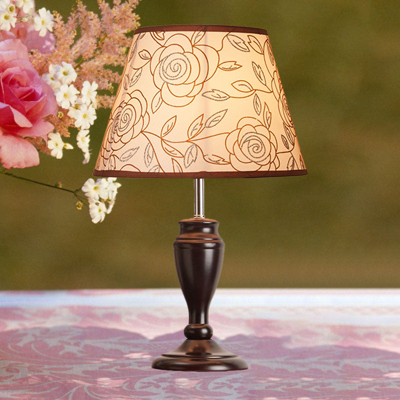 Brown 1 Head Table Light Rural Fabric Tapered Shade Nightstand Lamp with Flower/Slash/Geometric Pattern Clearhalo 'Lamps' 'Table Lamps' Lighting' 1034287