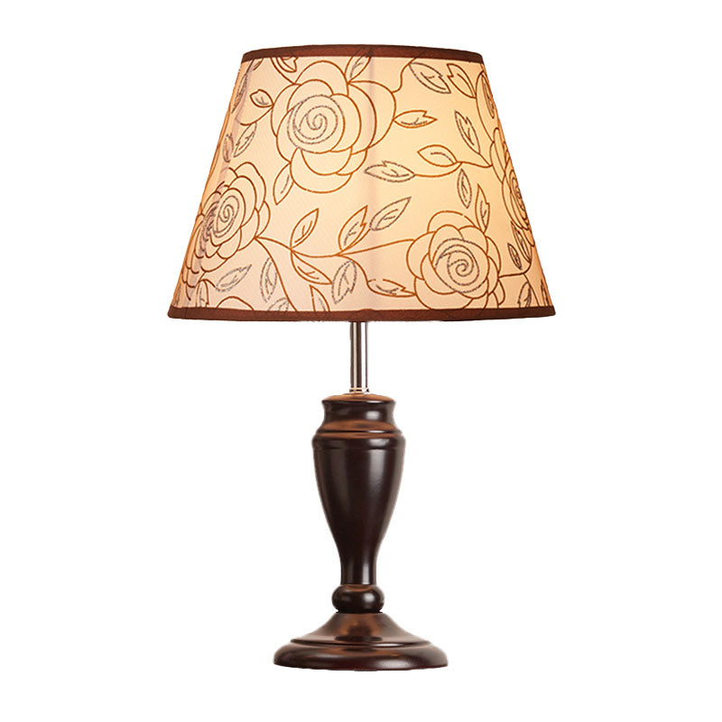 Brown 1 Head Table Light Rural Fabric Tapered Shade Nightstand Lamp with Flower/Slash/Geometric Pattern Clearhalo 'Lamps' 'Table Lamps' Lighting' 1034289