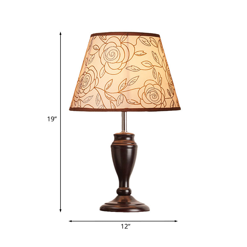 Brown 1 Head Table Light Rural Fabric Tapered Shade Nightstand Lamp with Flower/Slash/Geometric Pattern Clearhalo 'Lamps' 'Table Lamps' Lighting' 1034290