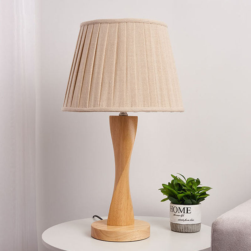 Wood Twisted Night Lamp Cottage 1 Light Living Room Table Lighting with Conic Fabric Shade in Beige/Grey/Flaxen Flaxen Clearhalo 'Lamps' 'Table Lamps' Lighting' 1034296