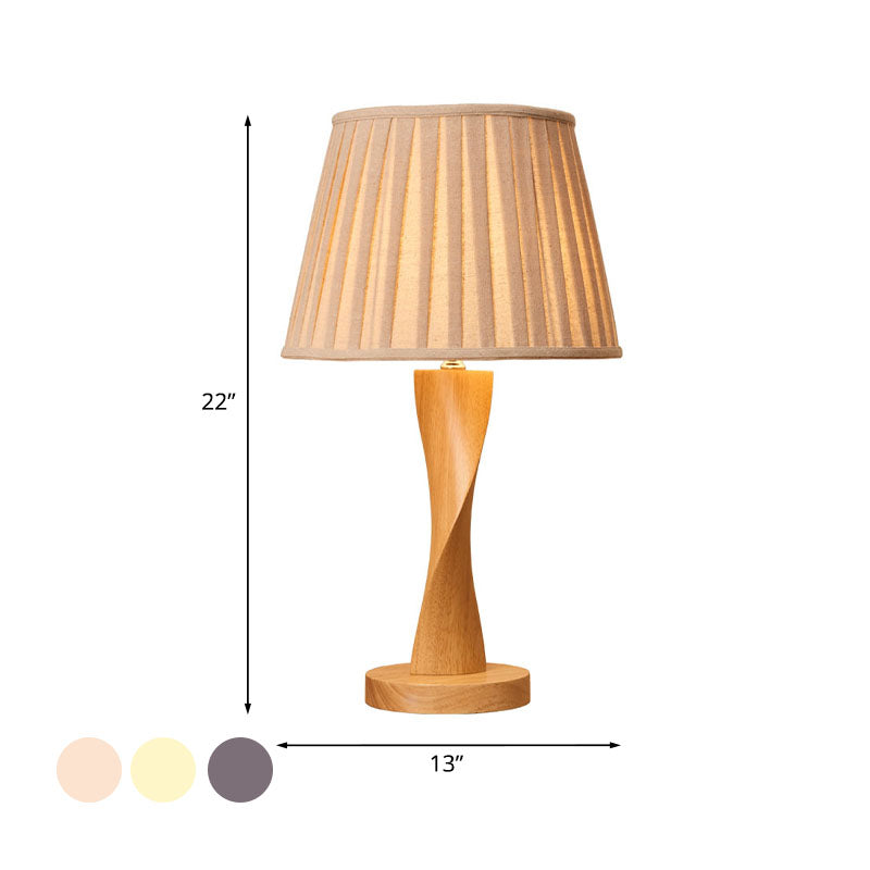 Wood Twisted Night Lamp Cottage 1 Light Living Room Table Lighting with Conic Fabric Shade in Beige/Grey/Flaxen Clearhalo 'Lamps' 'Table Lamps' Lighting' 1034299