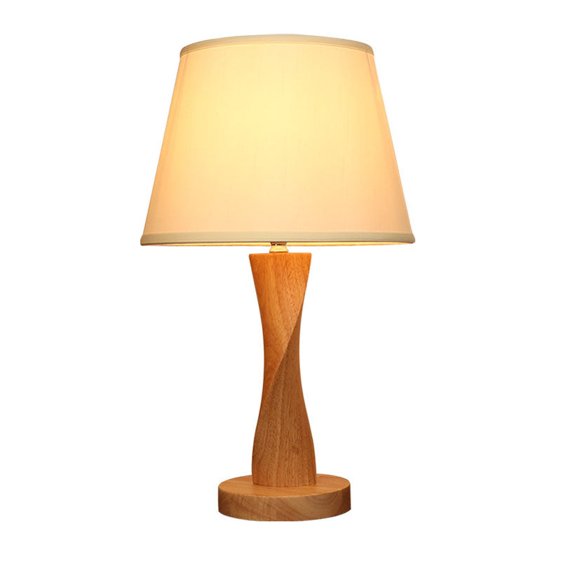 Wood Twisted Night Lamp Cottage 1 Light Living Room Table Lighting with Conic Fabric Shade in Beige/Grey/Flaxen Clearhalo 'Lamps' 'Table Lamps' Lighting' 1034303