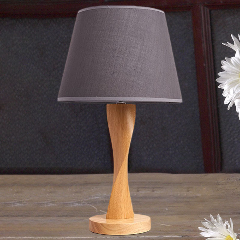Wood Twisted Night Lamp Cottage 1 Light Living Room Table Lighting with Conic Fabric Shade in Beige/Grey/Flaxen Clearhalo 'Lamps' 'Table Lamps' Lighting' 1034305