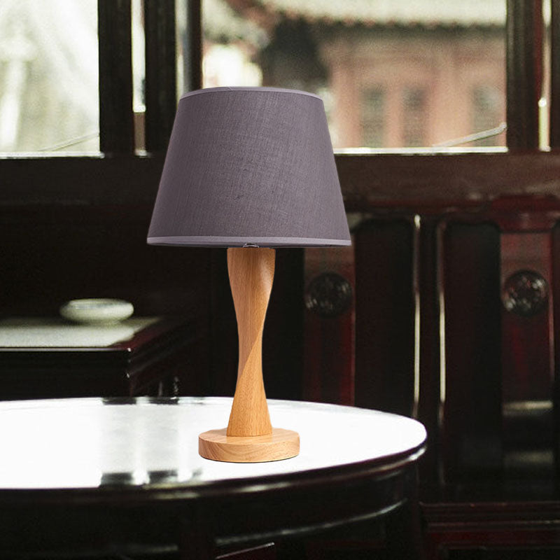 Wood Twisted Night Lamp Cottage 1 Light Living Room Table Lighting with Conic Fabric Shade in Beige/Grey/Flaxen Clearhalo 'Lamps' 'Table Lamps' Lighting' 1034306