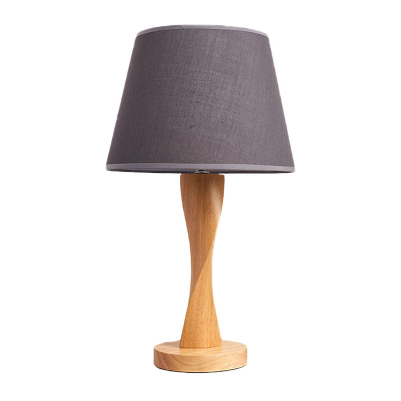 Wood Twisted Night Lamp Cottage 1 Light Living Room Table Lighting with Conic Fabric Shade in Beige/Grey/Flaxen Clearhalo 'Lamps' 'Table Lamps' Lighting' 1034307