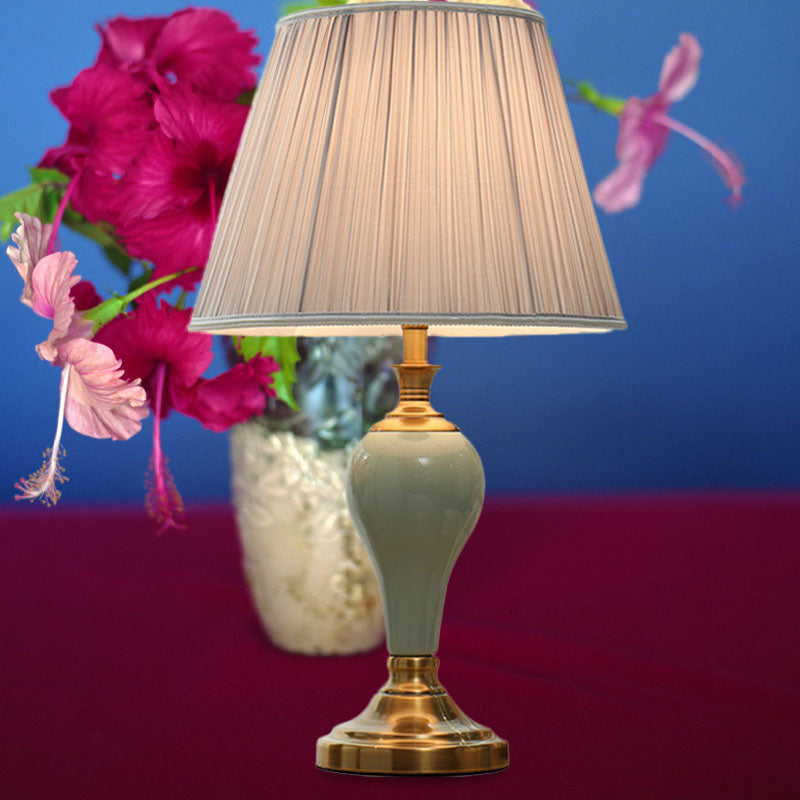 Ceramic Urn Table Lighting Vintage 1 Bulb Bedside Nightstand Light in Aqua/Beige/Silver Grey with Tapered Fabric Shade Clearhalo 'Lamps' 'Table Lamps' Lighting' 1034331