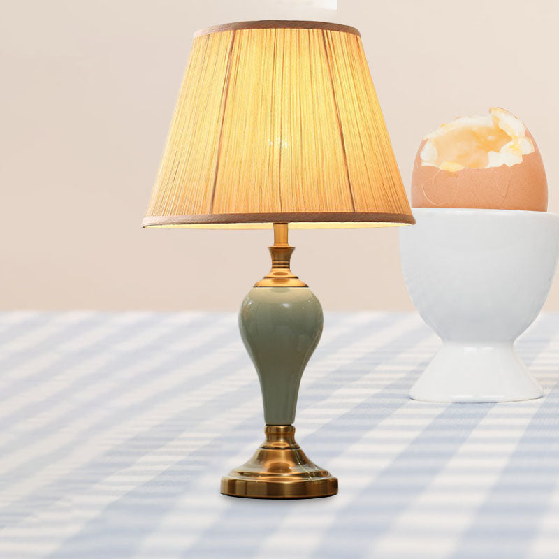 Ceramic Urn Table Lighting Vintage 1 Bulb Bedside Nightstand Light in Aqua/Beige/Silver Grey with Tapered Fabric Shade Beige Clearhalo 'Lamps' 'Table Lamps' Lighting' 1034339