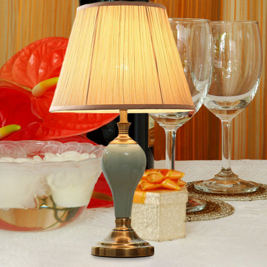 Ceramic Urn Table Lighting Vintage 1 Bulb Bedside Nightstand Light in Aqua/Beige/Silver Grey with Tapered Fabric Shade Clearhalo 'Lamps' 'Table Lamps' Lighting' 1034340