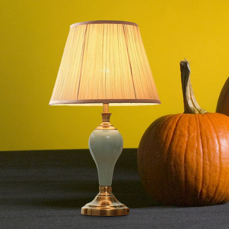 Ceramic Urn Table Lighting Vintage 1 Bulb Bedside Nightstand Light in Aqua/Beige/Silver Grey with Tapered Fabric Shade Clearhalo 'Lamps' 'Table Lamps' Lighting' 1034341