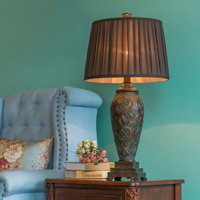 Resin Coffee Table Stand Light Urn-Base 1 Head Rustic Night Lamp with Drum Pleated Fabric Shade Coffee Clearhalo 'Lamps' 'Table Lamps' Lighting' 1034348