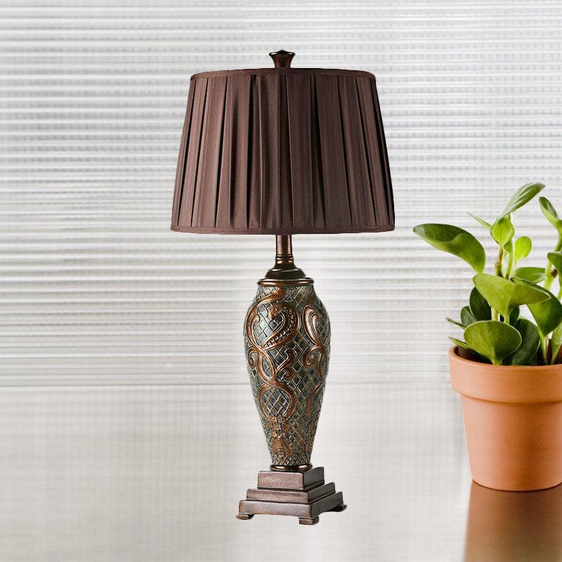 Resin Coffee Table Stand Light Urn-Base 1 Head Rustic Night Lamp with Drum Pleated Fabric Shade Clearhalo 'Lamps' 'Table Lamps' Lighting' 1034349