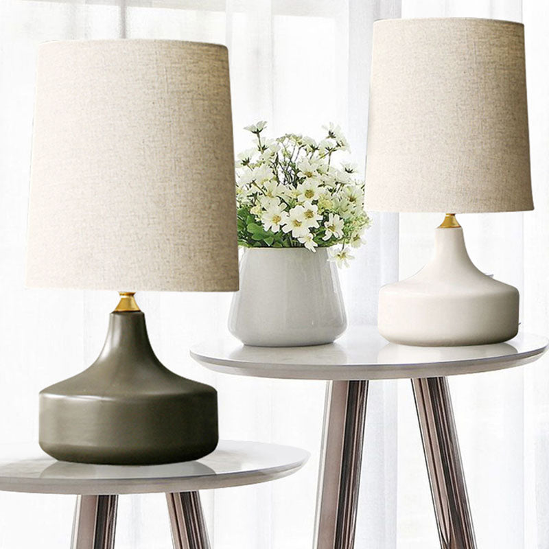 1 Bulb Night Stand Lamp Rural Living Room Table Light with Cylinder Fabric Shade in Grey/White White Clearhalo 'Lamps' 'Table Lamps' Lighting' 1034368