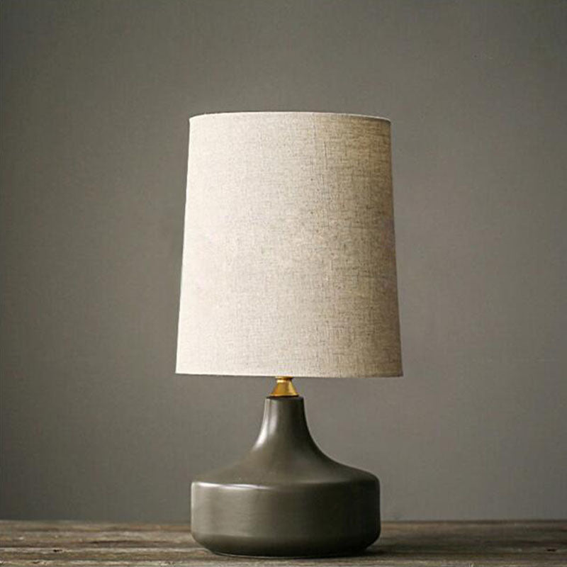 1 Bulb Night Stand Lamp Rural Living Room Table Light with Cylinder Fabric Shade in Grey/White Clearhalo 'Lamps' 'Table Lamps' Lighting' 1034373