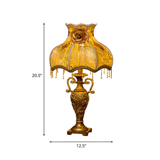 Traditional Two-Handled Vase Table Lamp 1 Bulb Resin Nightstand Light with Curved Fabric Shade in Gold Clearhalo 'Lamps' 'Table Lamps' Lighting' 1034387