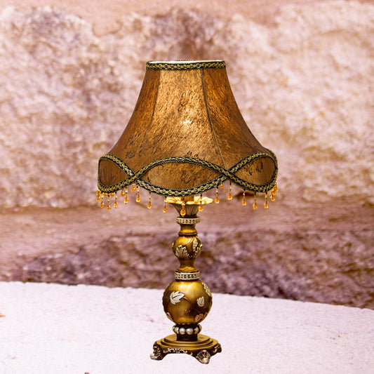 1-Light Scalloped Bell Table Lamp Traditional Brown Fabric Nightstand Light, 13"/16" Width Clearhalo 'Lamps' 'Table Lamps' Lighting' 1034389