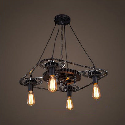 Black Finish 4 Heads Ceiling Fixture Industrial Style Metallic Bare Bulb Pendant Light with Gear Deco Black Clearhalo 'Cast Iron' 'Ceiling Lights' 'Chandeliers' 'Industrial Chandeliers' 'Industrial' 'Metal' 'Middle Century Chandeliers' 'Rustic Chandeliers' 'Tiffany' Lighting' 103505