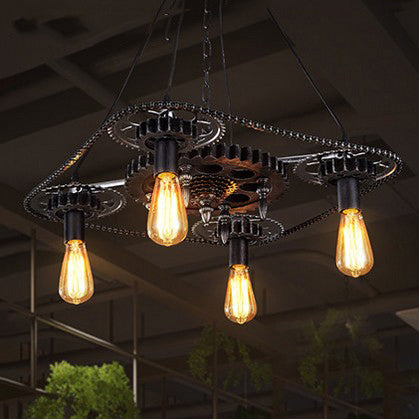 Black Finish 4 Heads Ceiling Fixture Industrial Style Metallic Bare Bulb Pendant Light with Gear Deco Clearhalo 'Cast Iron' 'Ceiling Lights' 'Chandeliers' 'Industrial Chandeliers' 'Industrial' 'Metal' 'Middle Century Chandeliers' 'Rustic Chandeliers' 'Tiffany' Lighting' 103506