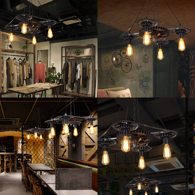 Black Finish 4 Heads Ceiling Fixture Industrial Style Metallic Bare Bulb Pendant Light with Gear Deco Clearhalo 'Cast Iron' 'Ceiling Lights' 'Chandeliers' 'Industrial Chandeliers' 'Industrial' 'Metal' 'Middle Century Chandeliers' 'Rustic Chandeliers' 'Tiffany' Lighting' 103507