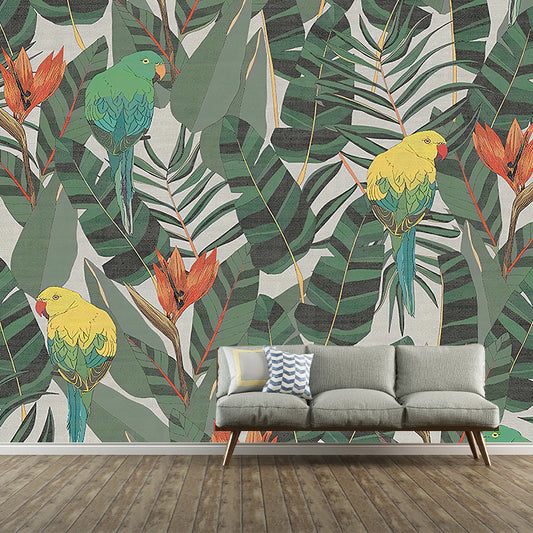 Contemporary Leaves and Birds Mural Wallpaper for Home Decoration, Personalized Size Wall Art in Green and Red