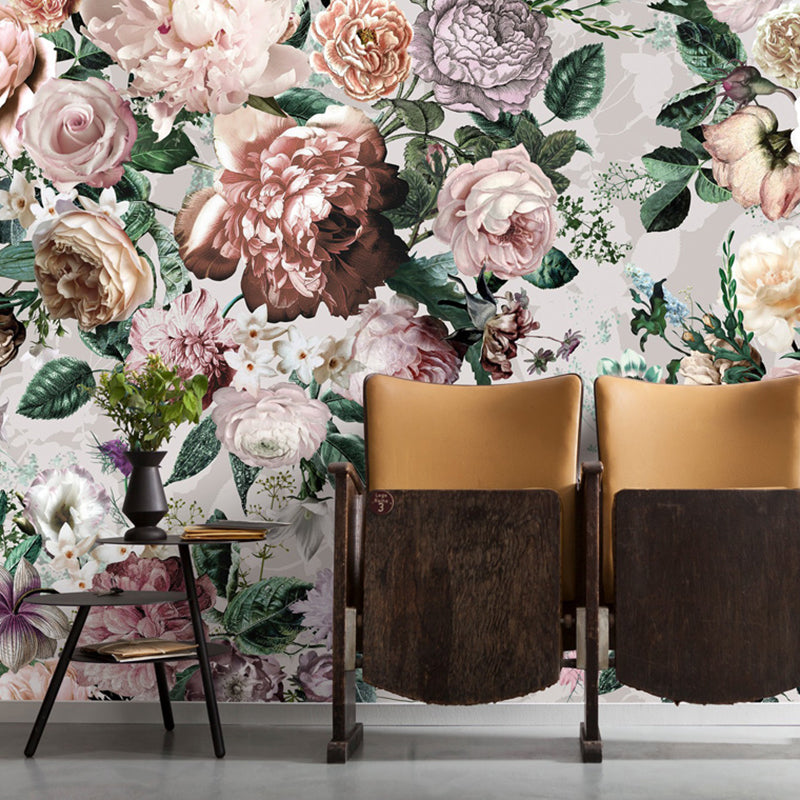 Modern Blossoming Flowers Wall Mural in Pink Living Room Wall Art, Custom Size Available Pink Clearhalo 'Wall Decor' 'Wall Mural' 1036171