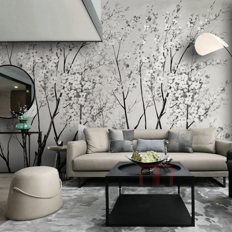 Big Photography Sakura Blossoms Mural Wallpaper Guest Room Decorative Wall Art in Soft Color, Made to Measure Grey Clearhalo 'Wall Decor' 'Wall Mural' 1036201