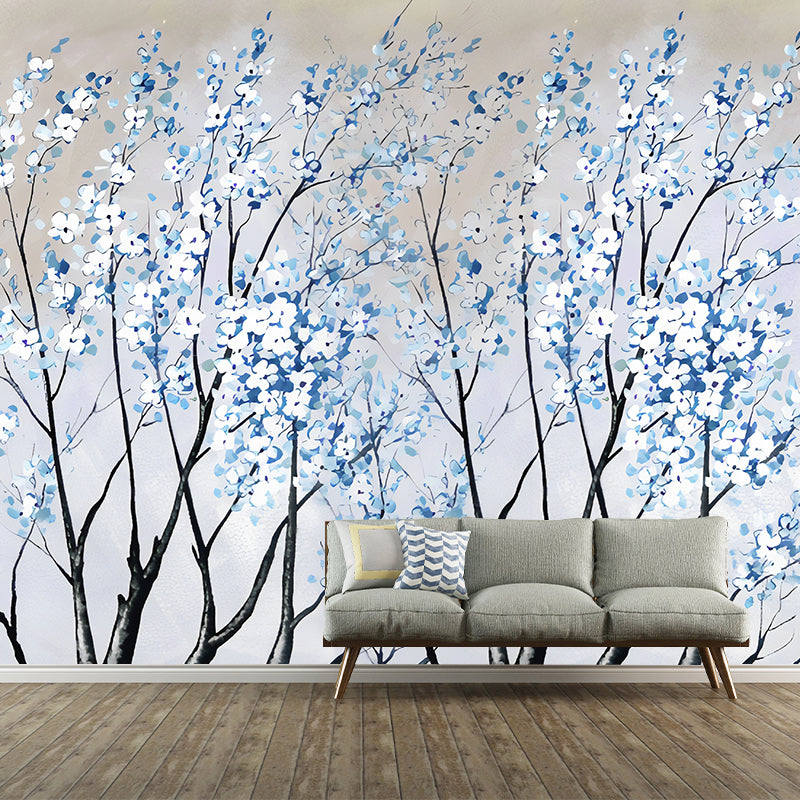 Big Photography Sakura Blossoms Mural Wallpaper Guest Room Decorative Wall Art in Soft Color, Made to Measure Blue Clearhalo 'Wall Decor' 'Wall Mural' 1036206