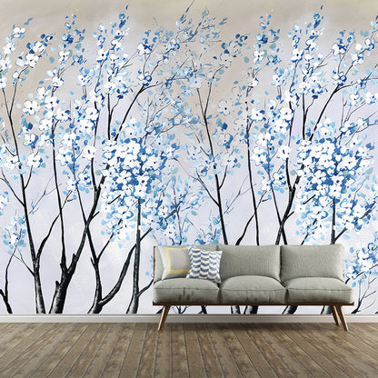 Big Photography Sakura Blossoms Mural Wallpaper Guest Room Decorative Wall Art in Soft Color, Made to Measure Blue Clearhalo 'Wall Decor' 'Wall Mural' 1036206