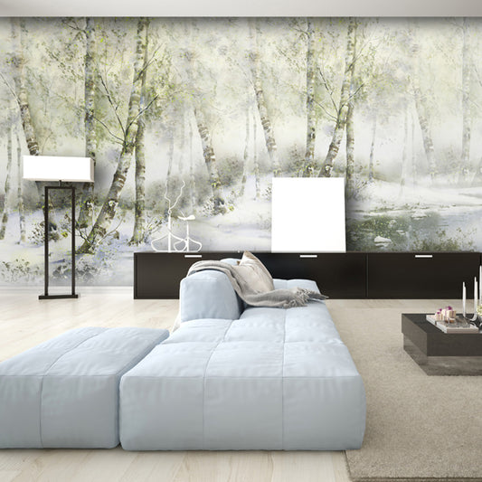 Decorative River and Forest Mural Non-Woven Material Wall Covering for Accent Wall in Grey and Yellow