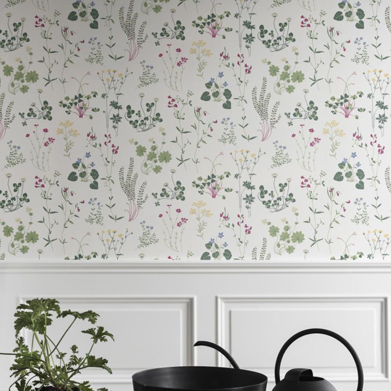 Custom Illustration Vintage Mural Wallpaper for Home Decoration with Flower and Leave Design in Neutral Color White Clearhalo 'Wall Decor' 'Wall Mural' 1036287