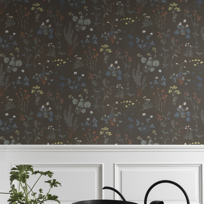 Custom Illustration Vintage Mural Wallpaper for Home Decoration with Flower and Leave Design in Neutral Color Black Clearhalo 'Wall Decor' 'Wall Mural' 1036292