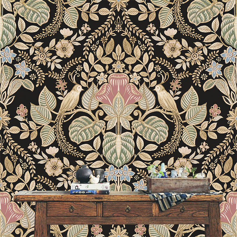 Bohemian Bird and Flower Mural Wallpaper for Accent Wall, Personalized Size Wall Decor in Natural Color Black Clearhalo 'Wall Decor' 'Wall Mural' 1036319