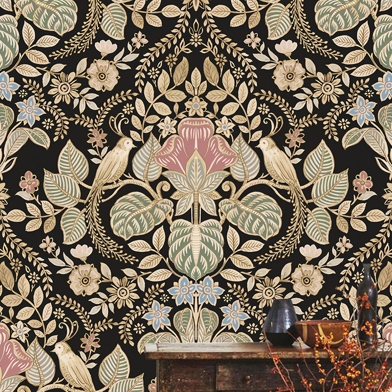 Bohemian Bird and Flower Mural Wallpaper for Accent Wall, Personalized Size Wall Decor in Natural Color Clearhalo 'Wall Decor' 'Wall Mural' 1036320