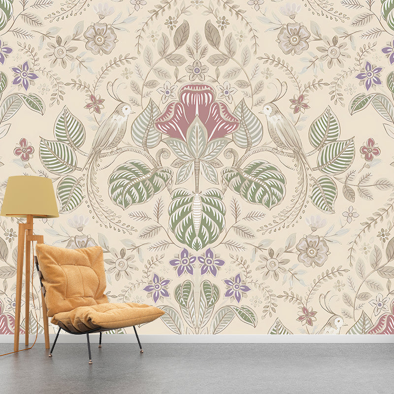 Bohemian Bird and Flower Mural Wallpaper for Accent Wall, Personalized Size Wall Decor in Natural Color Beige Clearhalo 'Wall Decor' 'Wall Mural' 1036324