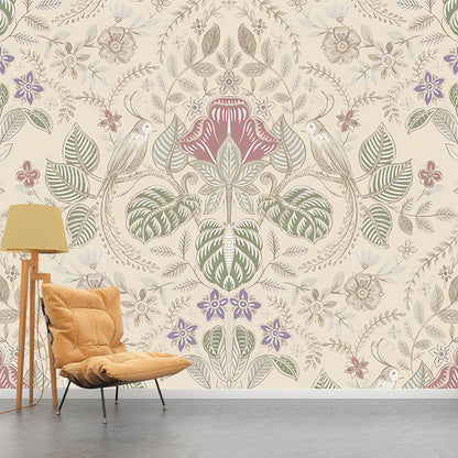 Bohemian Bird and Flower Mural Wallpaper for Accent Wall, Personalized Size Wall Decor in Natural Color Beige Clearhalo 'Wall Decor' 'Wall Mural' 1036324