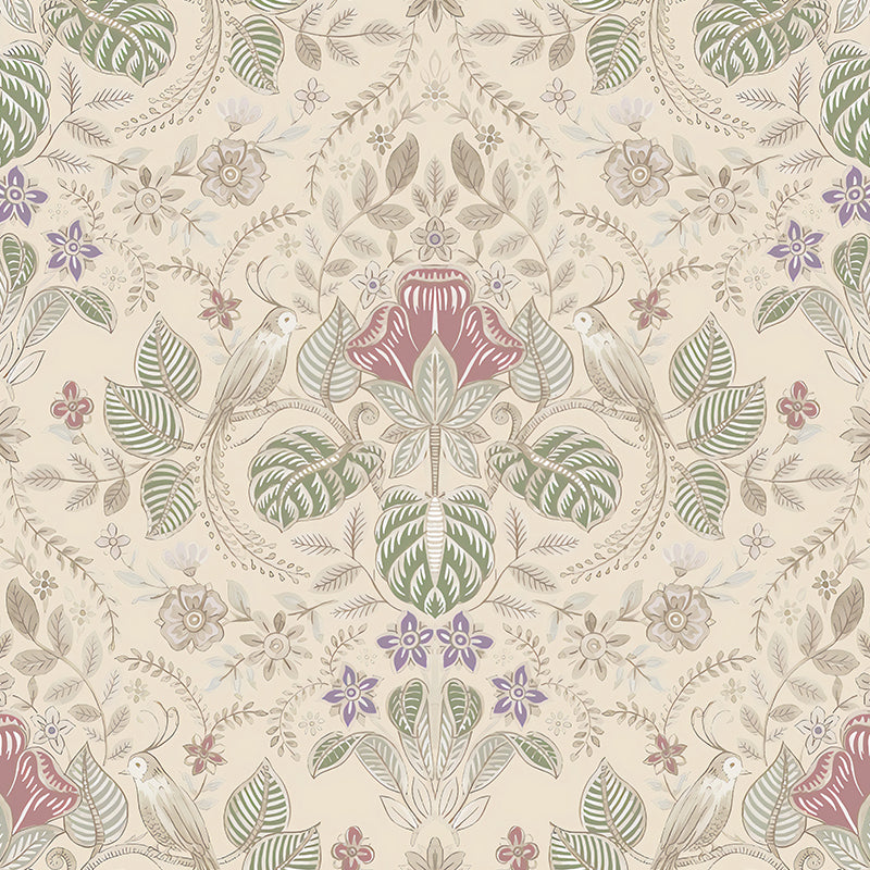 Bohemian Bird and Flower Mural Wallpaper for Accent Wall, Personalized Size Wall Decor in Natural Color Clearhalo 'Wall Decor' 'Wall Mural' 1036327