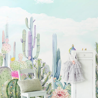 Waterproofing Cactus Wall Mural Decal Customized Size Minimalist Wall Art for Meeting Room Green Clearhalo 'Wall Decor' 'Wall Mural' 1036401