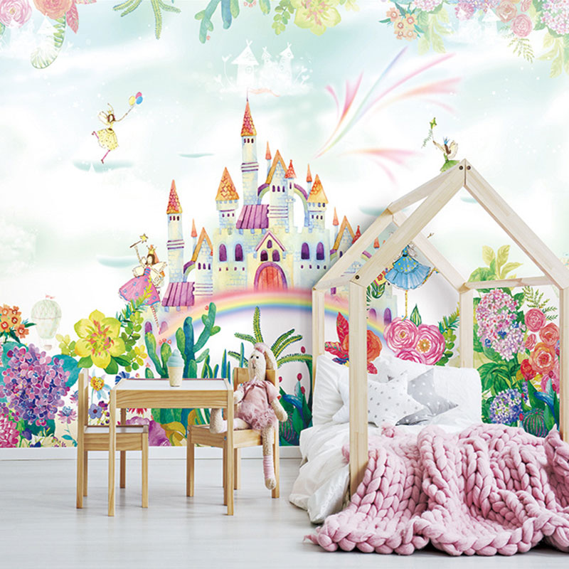 Green and Pink Simple Mural Wallpaper Personalized Size Castle and ...
