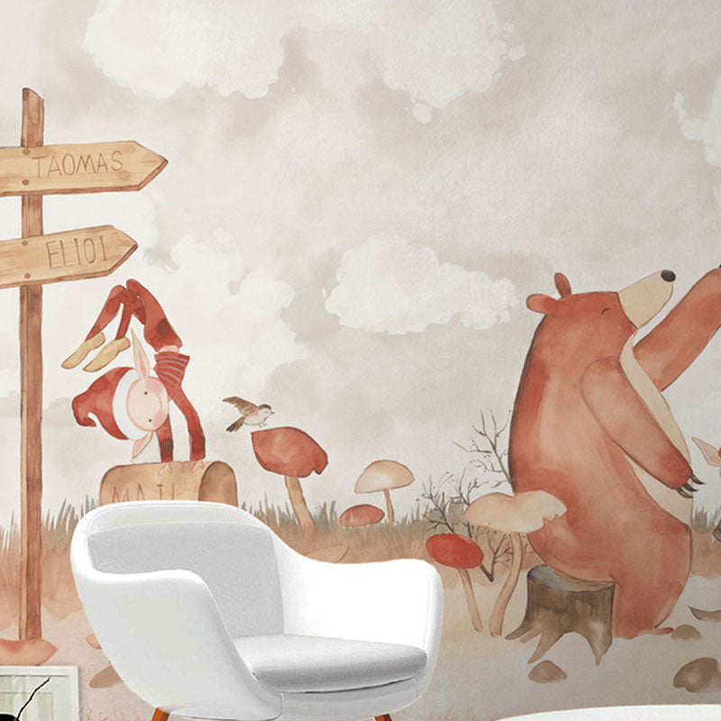 Cartoon Bear and Mushroom Mural Wallpaper for Children Contemporary Wall Decor in Natural Color, Made to Measure Cream Gray Clearhalo 'Wall Decor' 'Wall Mural' 1036666