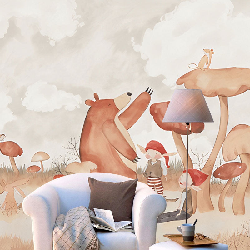 Cartoon Bear and Mushroom Mural Wallpaper for Children Contemporary Wall Decor in Natural Color, Made to Measure Clearhalo 'Wall Decor' 'Wall Mural' 1036667