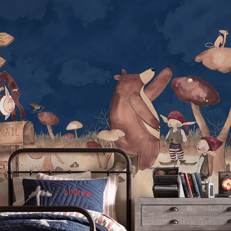 Cartoon Bear and Mushroom Mural Wallpaper for Children Contemporary Wall Decor in Natural Color, Made to Measure Dark Blue Clearhalo 'Wall Decor' 'Wall Mural' 1036671