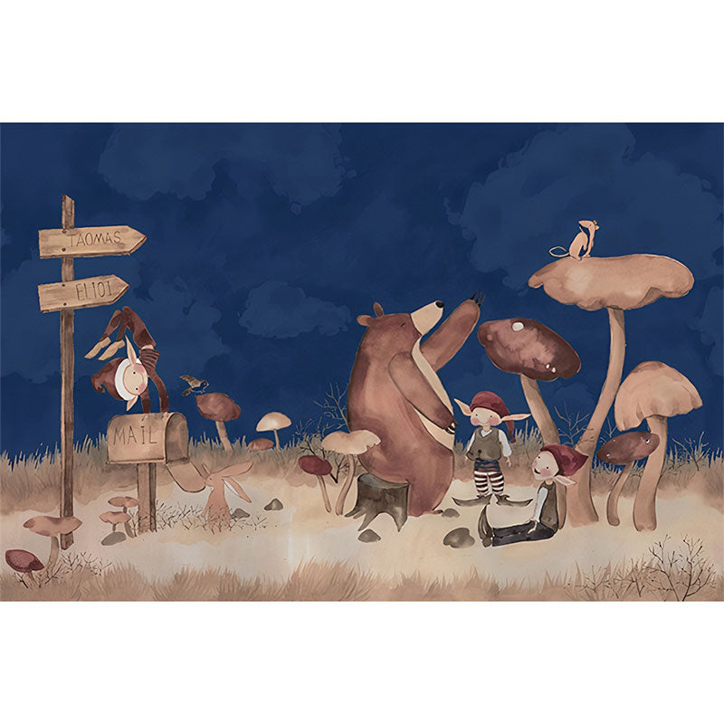 Cartoon Bear and Mushroom Mural Wallpaper for Children Contemporary Wall Decor in Natural Color, Made to Measure Clearhalo 'Wall Decor' 'Wall Mural' 1036674