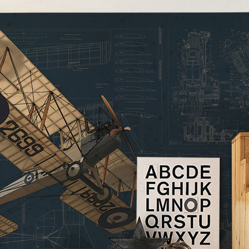 Old Airplane Wall Mural Decal for Children's Bedroom, Neutral Color, Customized Size Available Dark Blue Clearhalo 'Wall Decor' 'Wall Mural' 1036682