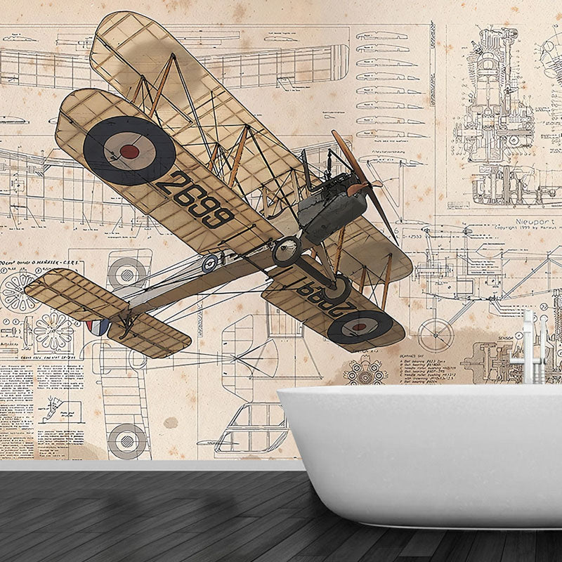 Old Airplane Wall Mural Decal for Children's Bedroom, Neutral Color, Customized Size Available Beige Clearhalo 'Wall Decor' 'Wall Mural' 1036687